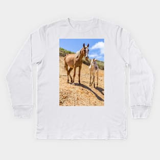 Wild Horse with Foal at Rano Raraku Crater - Rapa Nui - Easter Island Kids Long Sleeve T-Shirt